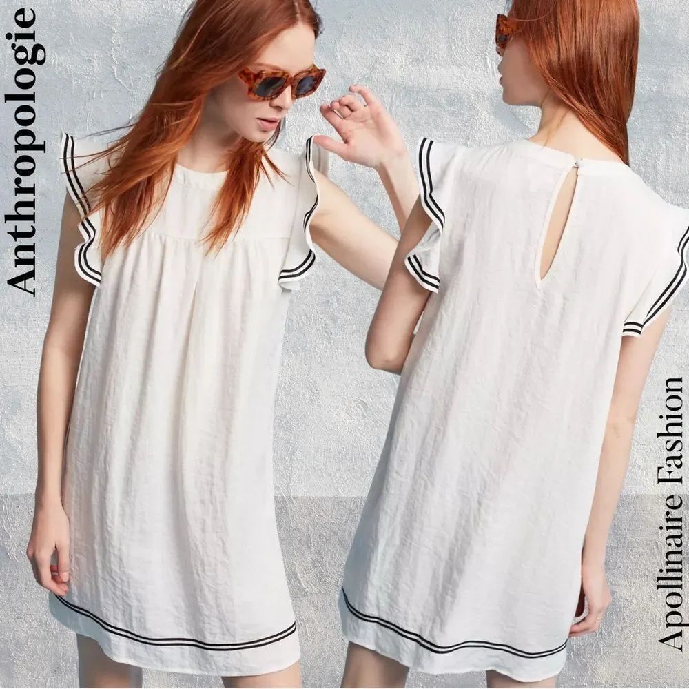 Anthropologie by dRA Skysail Ruffled Tunic Dress White Black Trim in Large NWT
